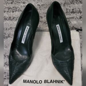 Manolo Blahnik Plisse Ruched Napa Pumps in Forest Green